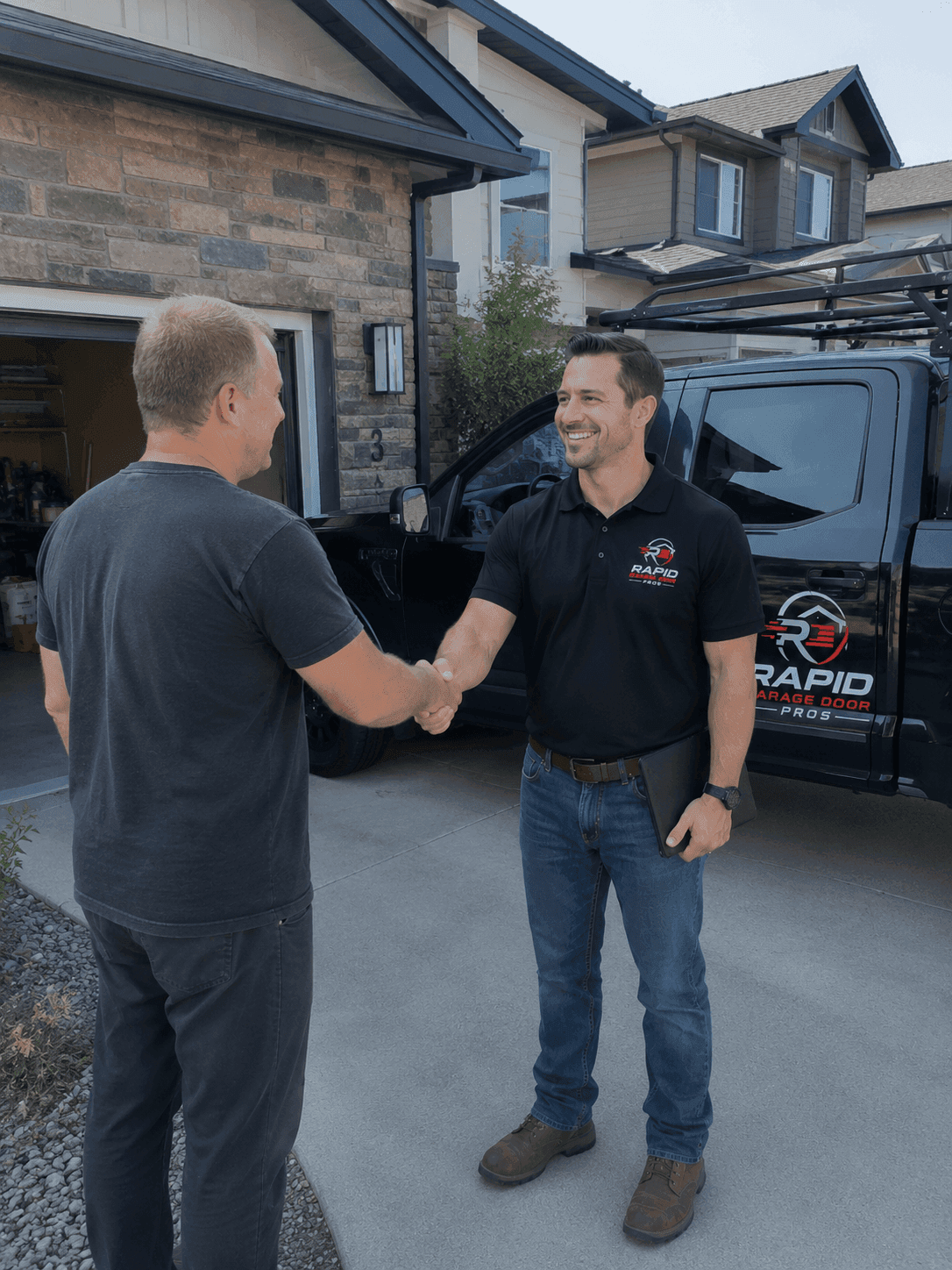 Rapid Garage Door Pros technician greeting a homeowner in Equality, AL