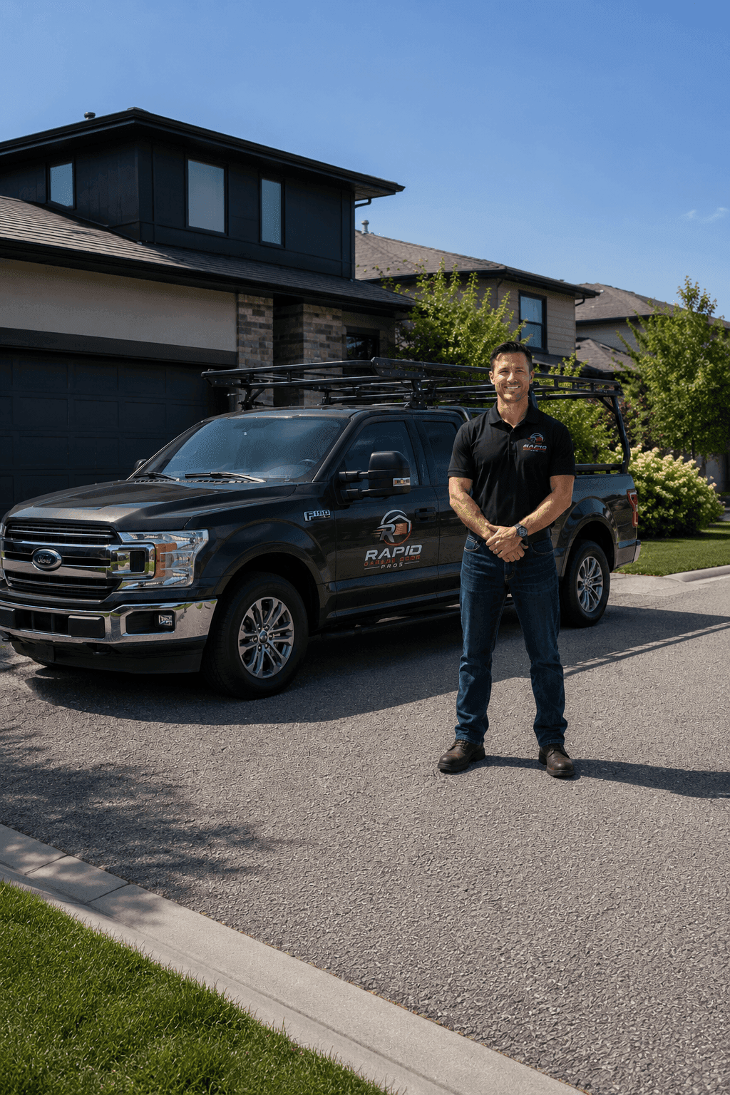 Rapid Garage Door Pros technician standing next to a branded service truck in a driveway